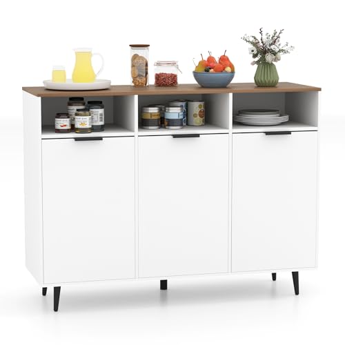 Giantex Sideboard Cabinet - 47” Buffet Cabinet with Storage Compartments, Countertop, 3 Doors Kitchen Cabinets, Modern Furniture for Living Room, Entryway, Coffee Bar (White & Natural)