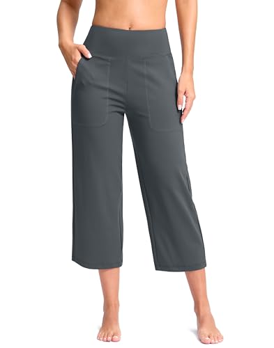 G Gradual Women's Capri Pants with Pockets High Waist Yoga Pants Wide Leg Workout Crop Summer Pants for Casual, Travel, Exercise(Dark Grey, Inseam 21, L)