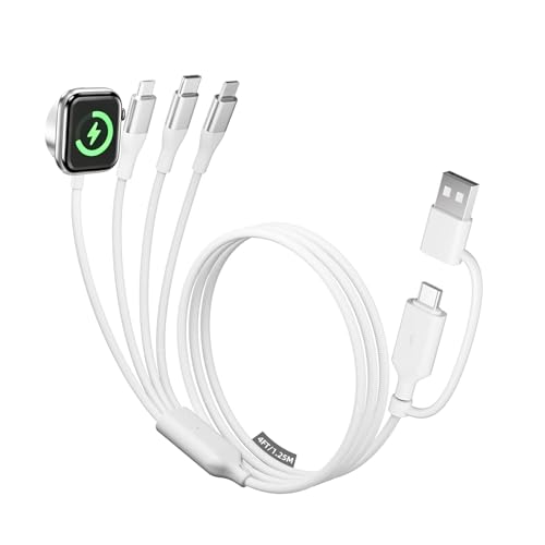 A-Pce for Travel Essentials, 4 in 2 USB C Cable for Watch Charger/for iPhone 17-11 Charger/Android/Phone/for airPods, Multi Charging Nylon Braided Cable, Vacation Camping Essentials(White-4FT)