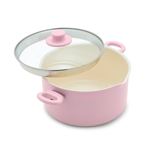 GreenLife 6QT Ceramic Nonstick Stockpot with Glass Straining Lid, PFAS-Free, Dishwasher Safe, Stay-Cool Handles, Oven Safe to 350°F, Wobble-Free Base, Even Heating, Pink