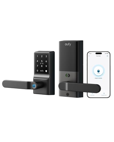 eufy Security Smart Lock C33, Keypad Door Lock with Handle, Fingerprint Door Knob, Keyless Entry Door Lock for Front Door and Bedrooms, Electronic Deadbolt, Wi-Fi, App Control, IP53 Waterproof, Black