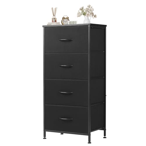 Atilioo Dresser for Bedroom with 4 Drawers, Anti-Tip Tall Fabric Chests Storage Organizer Tower Furniture with Wooden Top Metal Frame for Clothes, Closet, Living Room, Hallway, Entryway