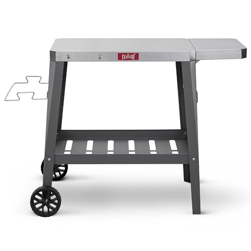 Feasto Grill Table with 31" x 19" Stainless Steel Top, Rolling Pizza Oven Stand with Foldable Extension Table, Outdoor Bar Cart for Compact Pizza Ovens & Griddles, Patio BBQ & Deck Parties, Gray