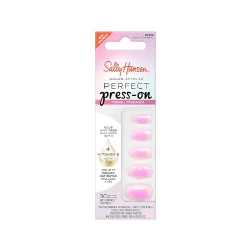Sally Hansen Salon Effects Perfect Press-On Pink Nails | Oval Shape, 3D Design | Easy to Apply, Non-Damaging, Vitamin E & B5 | 30 Nails, Nail Glue, Adhesive Tabs, File| State of the Heart