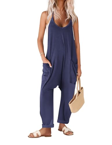 Ekouaer Womens Jumpsuit Sleeveless Casual Summer Overalls Jumpers Spaghetti Strap Baggy Long Pants Rompers with Pockets Navy Blue S