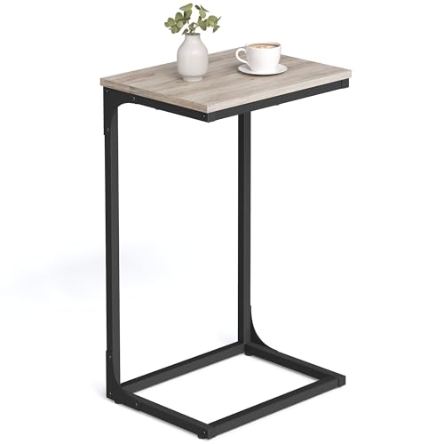 VASAGLE C-Shaped End Table, Side Table for Sofa, Couch Table with Metal Frame, Small TV Tray Table for Living Room, Bedroom, Greige and Black ULET353B02