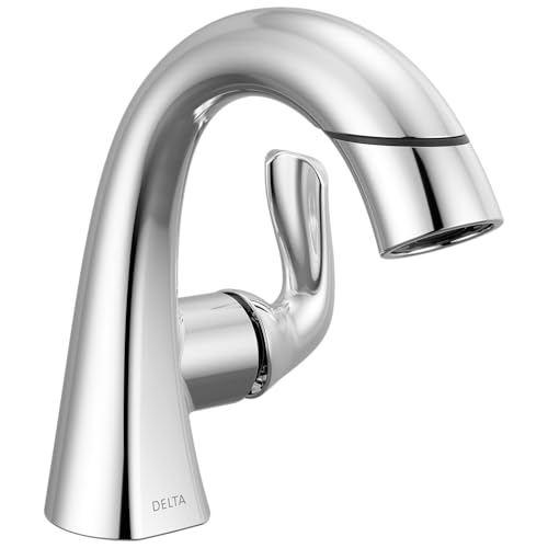 Delta Arvo 1 Hole Pull Down Bathroom Faucet with Sprayer, Chrome Single Hole Bathroom Sink Faucet with Pull Out Sprayer for Vanity, Metal Push-Pop Drain, Chrome 15840LF-PD