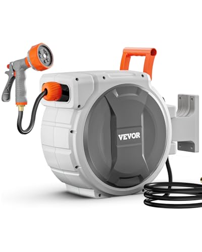 VEVOR Retractable Garden Hose Reel, 1/2 Inch x 84 ft Wall Mounted Heavy Duty Garden Hose Reel with 9 Patterns Nozzle, Any Length Lock, Upgraded Slow Return System and 180°Swivel Bracket