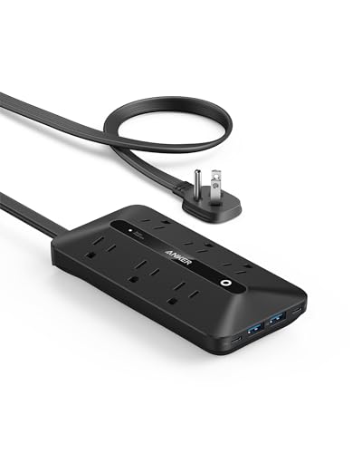 Anker Power Strip with 300J Surge Protector, Flat Plug Extension Cord with Multiple Outlets, 6 AC, 2 USB A & 2 USB C Ports for 20W, 5ft Outlet Extender, Dorm Room Essentials, Home Office