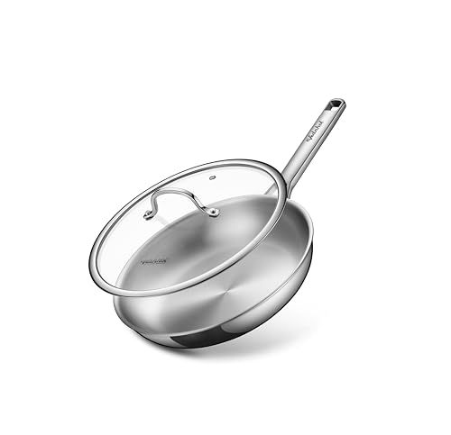 VEDNHOL Stainless Steel Pan with Lid,12 Inch Stainless Steel Frying Pan,Tri-Ply Stainless Steel Skillet,Steel Pan for Cooking,PFOA&PTFE Free,Dishwasher and Oven Safe,Induction&All Stove Compatible