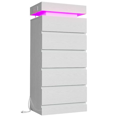 LIKIMIO 54" Tall 5 Drawer Dresser for Bedroom, White Dresser with LED Light and Power Outlet, Wooden Modern Chest of Drawers for Living Room, Entryway, Hallway
