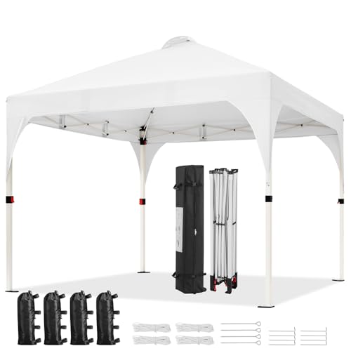 Yaheetech 10x10 Pop Up Canopy Tent with Vent, Easy Set Up Tent, Instant Sun Shelter Canopy with Wheeled Bag, 4 Sandbags, 12 Stakes & 4 Ropes, for Parties, Beach, Outdoor, Silver-Coated White