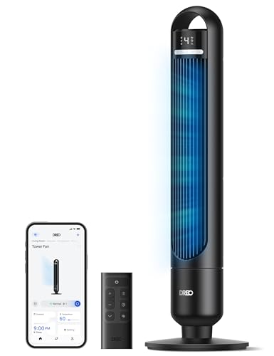 DREO Smart Tower Fan for Bedroom, 90° Oscillating Standing Fans for Room with 4 Speeds, 4 Modes, 28dB Quiet for Sleep, 26ft/s Velocity, 8H Timer, Remote/App/Voice Control for Living Room, Office, Home