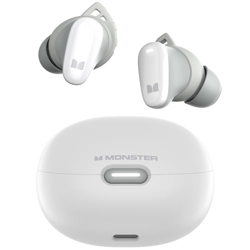 Monster N-Lite 206 Bluetooth Earbuds Wireless Earphones Bluetooth 5.4 in-Ear Earbuds Headphones Built-in Mic, Touch Control, IPX6 Waterproof, Comfortable Fit, Type-C Charging, 25H Playback, White