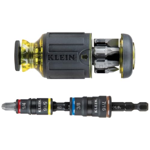 Klein Tools 32308HD Impact Driver Set, 12-in-1 Stubby Screwdriver Set, 2 Hex Flip Sockets, 7 Bits, 1/4-Inch Bit Holding Feature