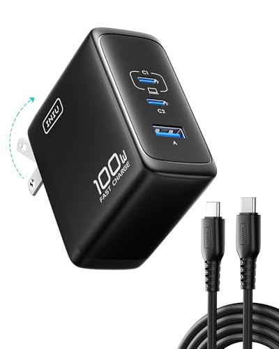 INIU for MacBook Pro Charger, 100W GaN Tech Fast Charging, 3-Port Compact Foldable Charger with USB C Cable, Power Adapter for Mac Book, iPhone 17, Samsung S25, Switch, Photographers, Outdoor, Travel