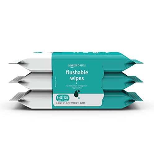 Amazon Basics Adult Wet Wipes Flushable formulated without Fragrance, 126 Count (3 Packs of 42) Packaging May Vary