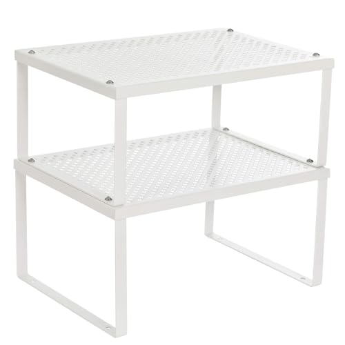 SONGMICS Spice Racks, Set of 2 Metal Cabinet Shelf Organizers, Countertop Organizers, Shelf Risers, Stackable, Expandable, White UKCS01WT