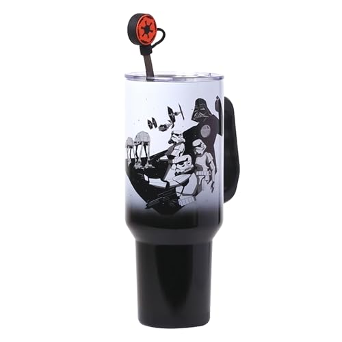Silver Buffalo Star Wars Featuring Darth Vader, Stormtroopers, Death Star, the Empire Double Walled Stainless Steel Tumbler with Handle, Straw, and Straw Cap, Fits in Standard Cup Holder, 40 Ounces