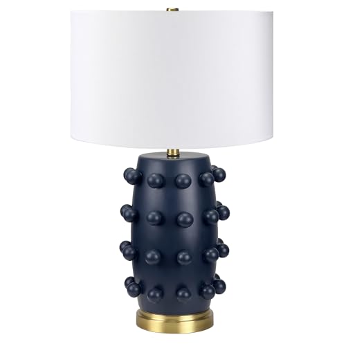 Henn&Hart 25.5'' Modern 1-Light Ceramic Table Lamp with Spherical Orbs on Lamp Body with White Fabric Drum Shade for Living Room, Bedroom, or Office, Matte Navy