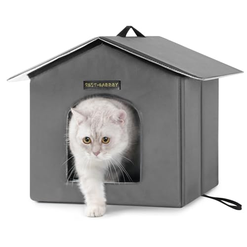 Rest-Eazzzy Outdoor Cat House, Feral Cat House Insulated with Mat and Clip, Weatherproof and Insulated, Cat Beds for Cats Kittens Puppies, Never Blow Away (Grey, S 13" X 13" X 14")