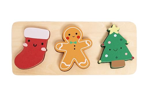 Pearhead 3 Piece Set Wooden Holiday Puzzle, Kids Christmas Toy, Stocking Stuffer for Children, Holiday Ideas