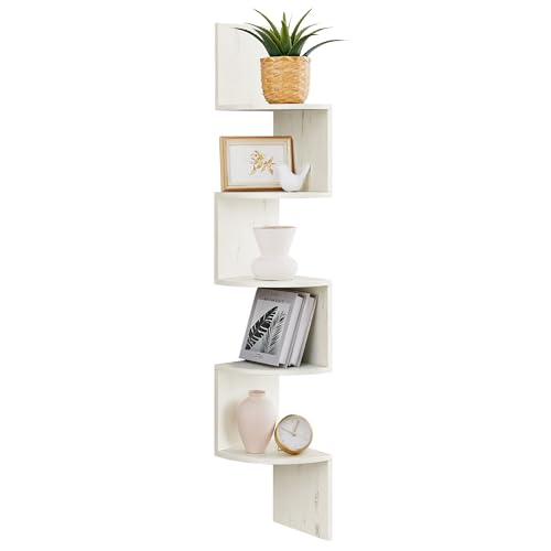 VASAGLE Corner Shelf Wall Mount, 5-Tier Floating Corner Bookshelf, Plant Shelf for Bedroom, Living Room, Bathroom, Home Office, Rustic White