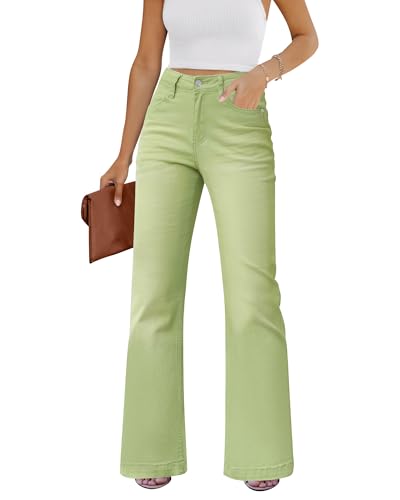GRAPENT Women's High Waisted Wide Leg Pants Womens Business Casual Outfits for Work Stretch Bootcut 70s Clothes for Women's Baggy Jeans Western Womens Jeans Color Lettuce Green Medium Size 8 Size 10