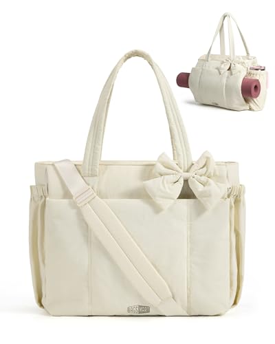 BAGSMART Crush Bow Tote Bag for Women, Large Work Tote with 40oz Tumbler, Puffer Travel Tote Bag for Work, Yoga, Gym
