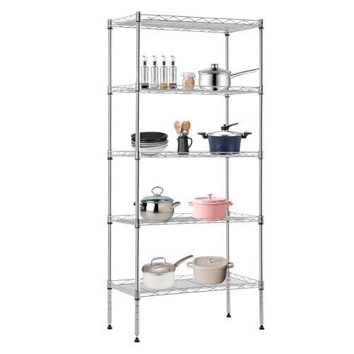 BestOffice | 5-Tier Wire Storage Shelves | 22x12x48 | Chrome | with Adjustable Racks | Heavy-Duty Metal Shelf, Holds Upto 750 lbs | No-Tool Assembly | Ideal for Home & Garage Shelving