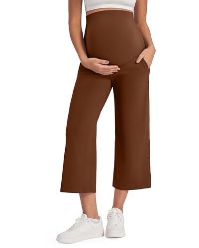 G4Free Maternity Capri Pants Cropped Palazzo with Pockets Pregnancy Workout Loose Bottoms Over The Belly Summer Yoga Slacks (Dark Coffee,M,Regular)