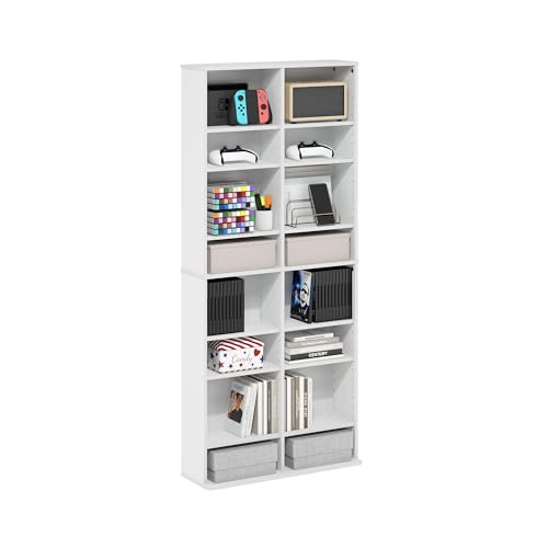 Furinno Jaya DVD Shelf, 16-Shelf Wide CD Rack, Media Shelf with Adjustable Shelves, 8 x 2 DVD Storage Cabinets for CD Blueray Game Disc, Easy Assembly, for Living Room, Home Office, White