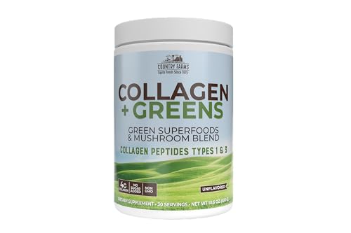 Country Farms Collagen Peptides Powder with Greens Dietary Powder Supplement (Type I, III) for Skin Hair Nail and Joints, Dairy/Sugar Free, Energizing Superfoods, Natural, 10.6 Oz 30 Servings