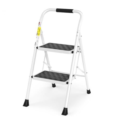 HBTower Step Ladder, Folding Step Stool with Wide Anti-Slip Pedal, Sturdy Steel Ladder, Convenient Handrail, Lightweight, Portable Steel Step Stool