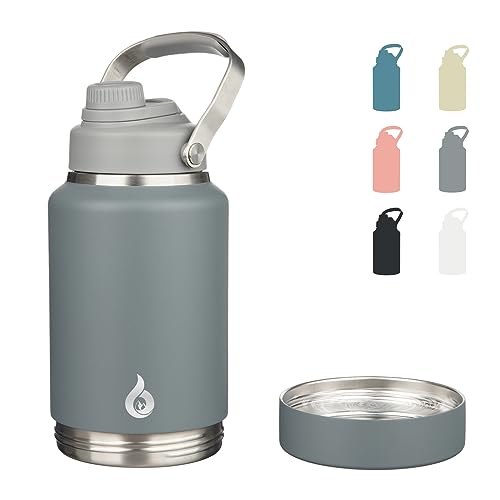 BJPKPK 64oz Insulated Water Bottles, Dishwasher Safe Half gallon Water Bottle with Metal Handle, BPA Free Spout Lid & Detachable Bowl, Large Stainless Steel Jugs, Grey