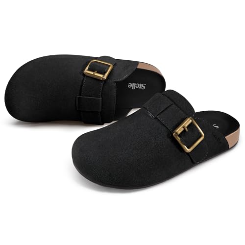 Stelle Suede Clogs for Women Men Potato Shoes with Arch Support Leather Cork Footbed Mules Slip on Home Slippers(Black,8)