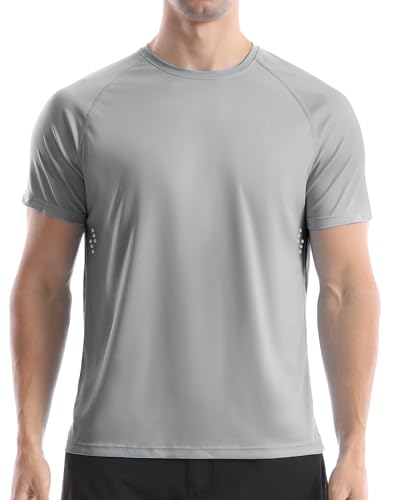 Men's UPF 50+ Swim Shirts, Sun Protection Short Sleeve Rash Guard, Quick Dry T-Shirt for Fishing and Surfing Light Gray