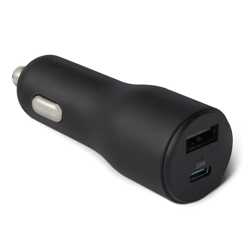 Amazon Basics Fast-Charging Car Charger, Dual-Port, 1 USB-C + 1 USB-A, 32W, Multi-Device Compatibility, Safety Features, Black