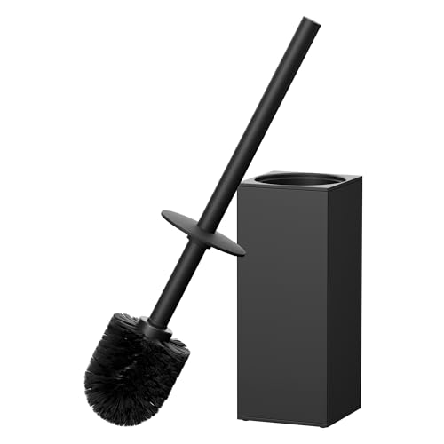 FORIOUS Toilet Brush and Holder Set, Heavy Duty 304 Stainless Steel Base Square and Long Handle for Bathroom Deep Cleaning, Drip-Proof, Space Saving for Storage, 2 Toilet Bowl Brush Head, Black