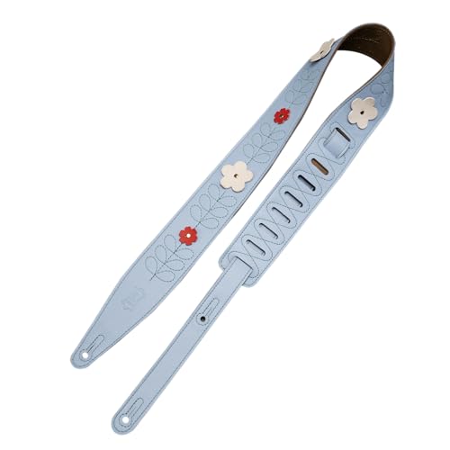 Levy's Leathers In Bloom Series Genuine Leather 2.5" Guitar Strap with Flower Appliques, Wild Flower and Sky Blue (MG317IB-002)