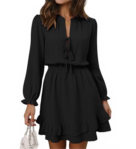 Angashion Women's Tie Front Mini Dress: V Neck Long Sleeve Layer Ruffle Hem Dress Casual Vacation with Pockets Black Large