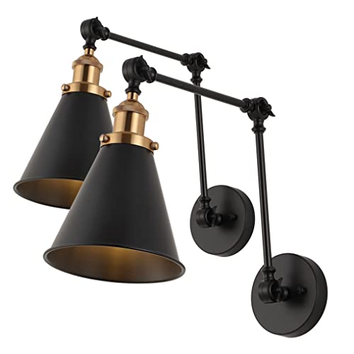 JONATHAN Y 7" Black/Brass Gold Classic Industrial Metal Adjustable Arm LED Wall Sconce for Bedside Reading, Farmhouse Swing Arm Wall Lamp with Metal Shade, Hardwired (JYL7462A-SET2)