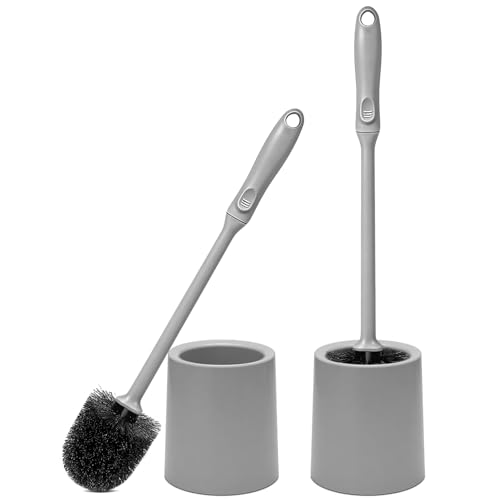 Toilet Brush and Holder 2 Pack with Long Handle - Non-Slip Grip Toilet Bowl Brush Set for Deep Cleaning Bathroom, Toilet Scrubber- Gray