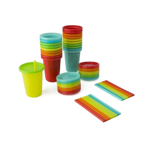 The First Years Take & Toss Straw Cups - Spill-Proof Kids Cups with Snap-On Lids and Straws - Portable and Dishwasher Safe Party Pack - Rainbow - 10 Oz - 20 Count - Ages 18 Months and Up