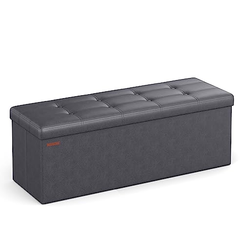 SONGMICS Mazie Collection - 43 Inches Folding Storage Ottoman Bench, Ottoman with Storage, Foot Rest Stool, Load 660 lb, for Living Room, Synthetic Leather, Dark Gray ULSF070G01