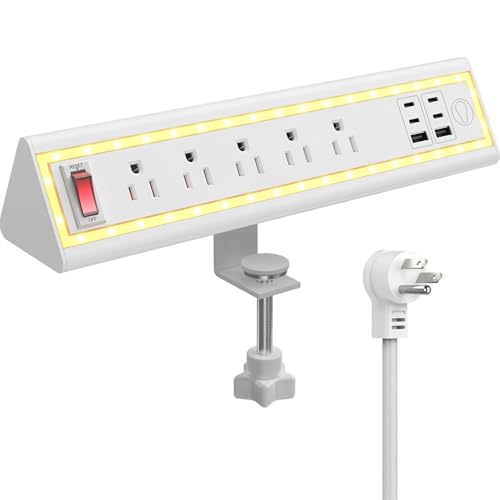 NYYTGE Desk Clamp Power Strip with Nightlight, 40W Fast Charging, 6FT Extension Cord, 4x20W USB-C & 2 USB Ports, 5 AC Outlets, Fits 1.69-Inch Table Edges