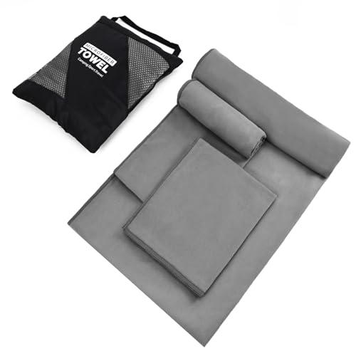 Vnoss Quick Dry Camping Towel, Microfiber Travel Towel 3 Size at 1 Pack for Camping, Beach, Gym, Sports, Yoga & Swimming Pool, Grey