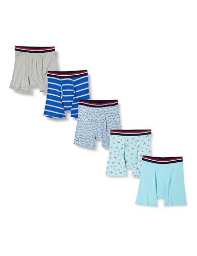 Amazon Essentials Men's Breathable Cotton Underwear Boxer Briefs, Tag-Free, Pack of 5, Blue Stripe/Crabs/Grey Heather/Light Blue/Sharks, X-Small