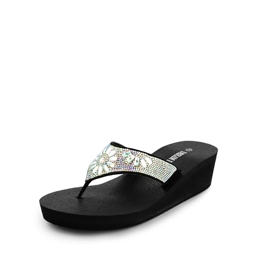 DREAM PAIRS Women's Rhinestone Platform Wedge Flip Flops Summer Beach Comfortable Thong Sandals,Size 10,Multi Flower,SDFF2401W