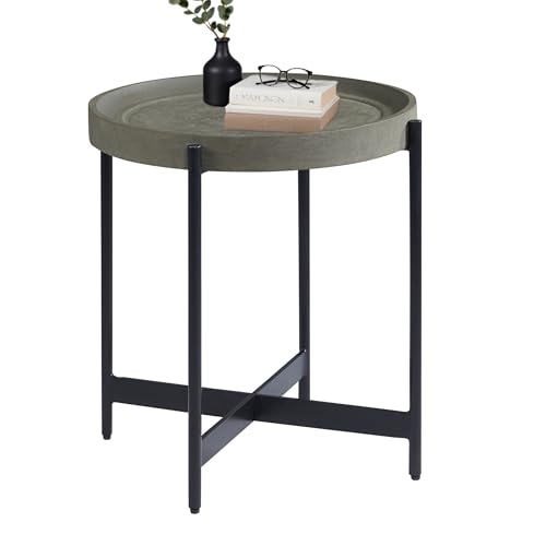 Alaterre Furniture Brookline 20-Inch Round Wood End Table with Gray Concrete Coating - Tray Style Top with Black Powder-Coated Iron Legs - Home Accent for Living Room or Office